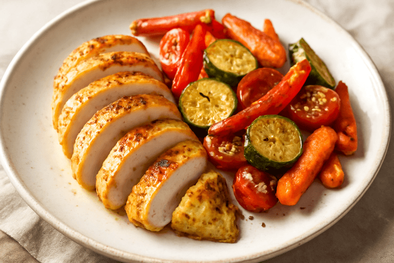 Piept de pui la grătar cu legume coapte