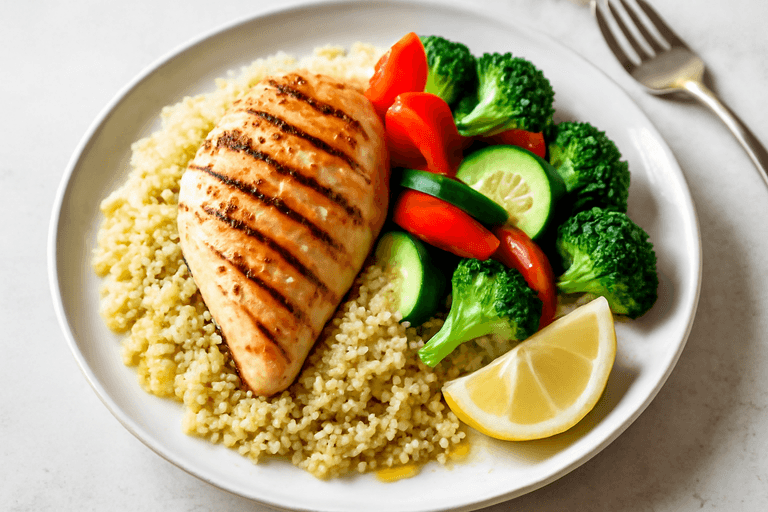 Κοτόπουλο σχάρας με λαχανικά και κινόα