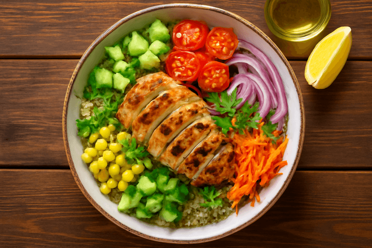 Salada de Frango Grelhado com Quinoa e Legumes Coloridos