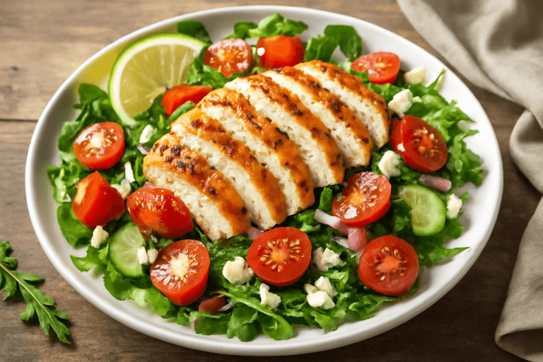 Pollo alla griglia con insalata mediterranea