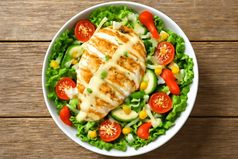 Salată de pui cu legume crocante și dressing fresh de iaurt