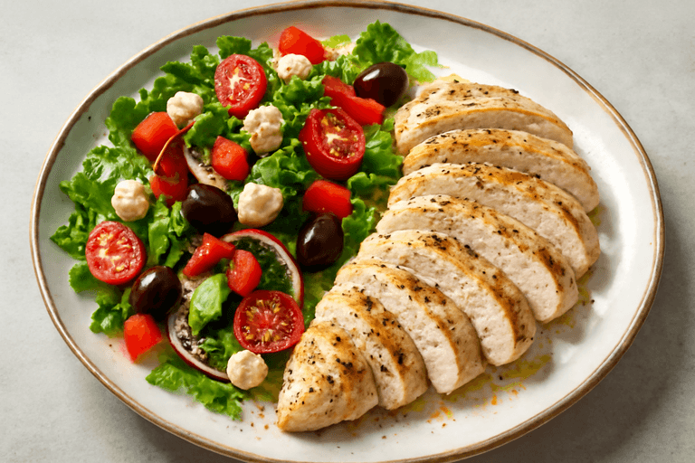 Pollo a la plancha con ensalada mediterránea