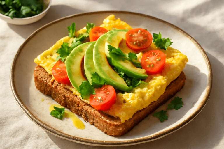 Mic dejun clasic energizant cu omletă, avocado și roșii