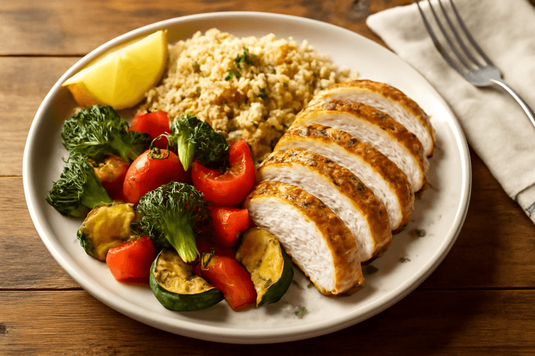 Pui la cuptor cu legume colorate şi quinoa