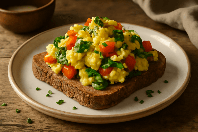 Klasyczna jajecznica z warzywami i żytnim tostem