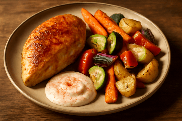 Kycklingfilé med rostade grönsaker och paprikayoghurt