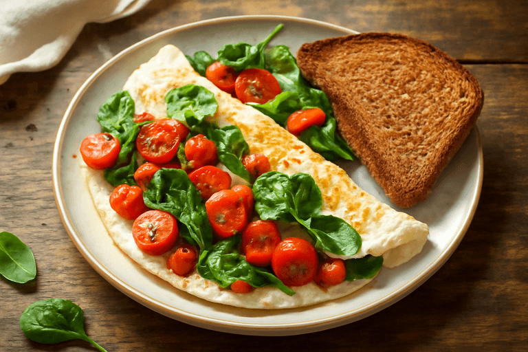 Белковый омлет с овощами и ржаным тостом