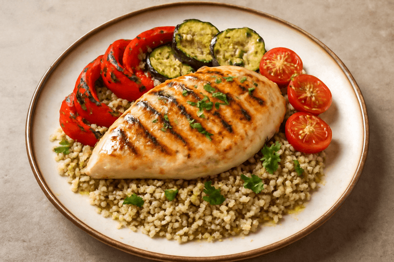 Κοτόπουλο σχάρας με λαχανικά και κινόα