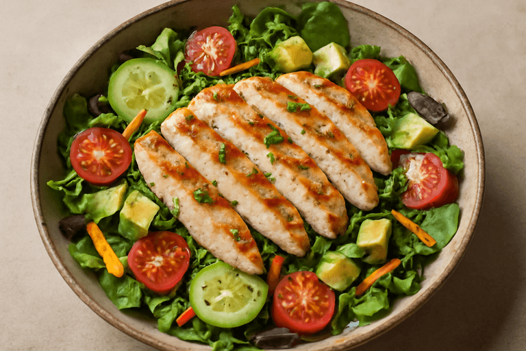 Salată proteică clasică cu piept de pui la grătar și legume proaspete