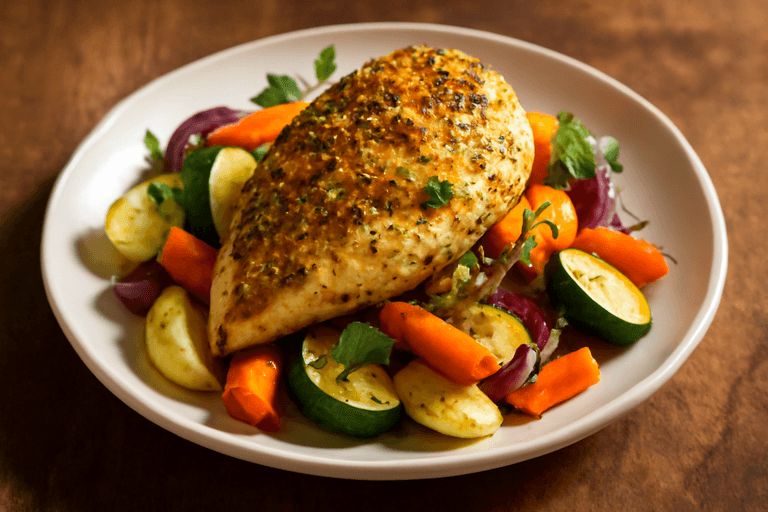 Filet de poulet doré aux herbes et légumes rôtis