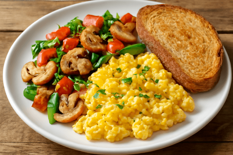 Klassisches Rührei mit Gemüse und Vollkornbrot