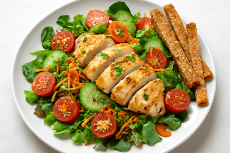 Leichter Hühnchen-Gemüse-Salat mit Vollkornbrot