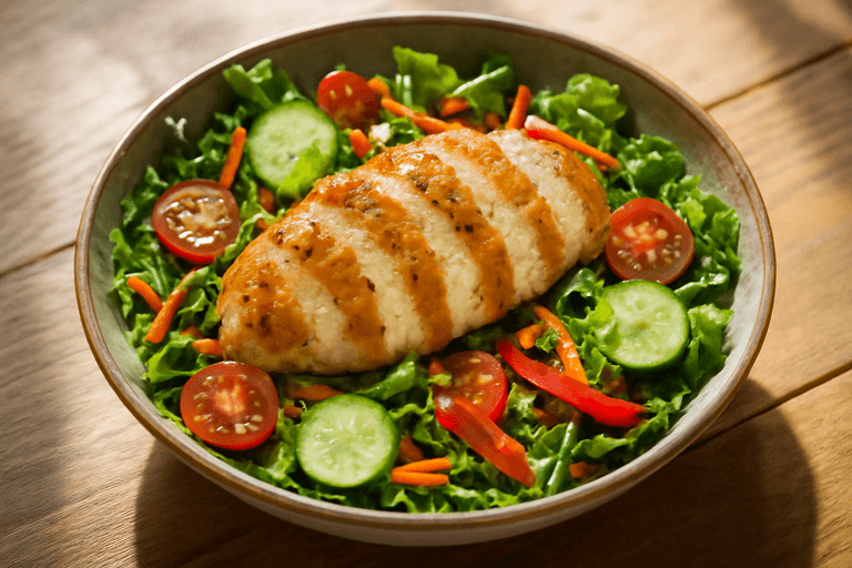 Salată sățioasă cu piept de pui la grătar și legume de sezon