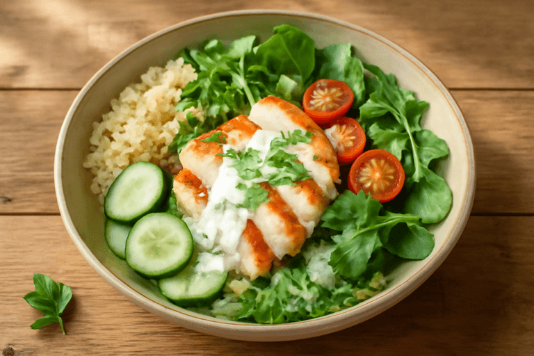 Легкий куриный салат с киноа и овощами