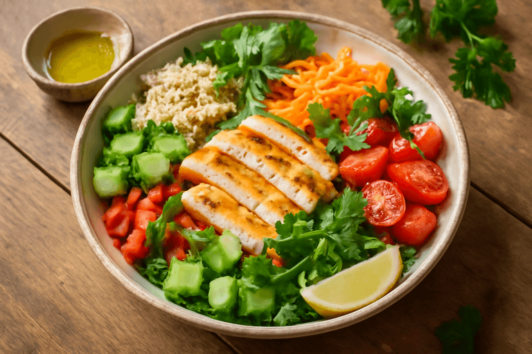 Salade de poulet léger et colorée aux légumes croquants