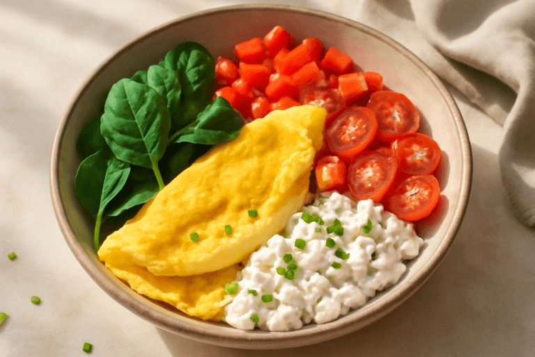 Lekka omletowa miska z warzywami i twarogiem