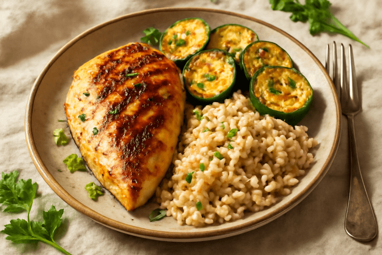 Piept de pui la grătar cu dovlecei și orez brun