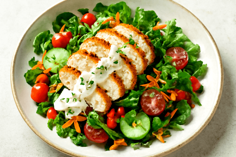 Salată de pui la grătar cu legume crocante și dressing ușor de iaurt