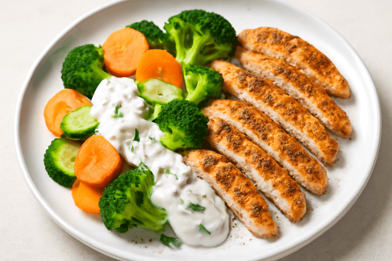 Piept de pui la grătar cu legume la abur și dressing de iaurt