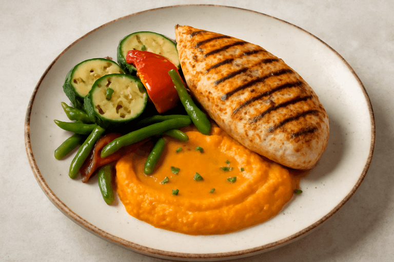 Κοτόπουλο στη Σχάρα με Λαχανικά & Πουρέ Καρότου