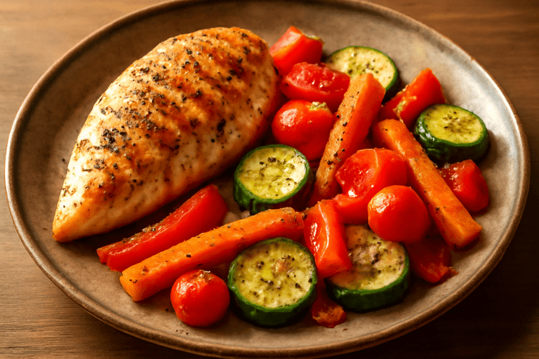 Piept de pui la grătar cu legume la cuptor