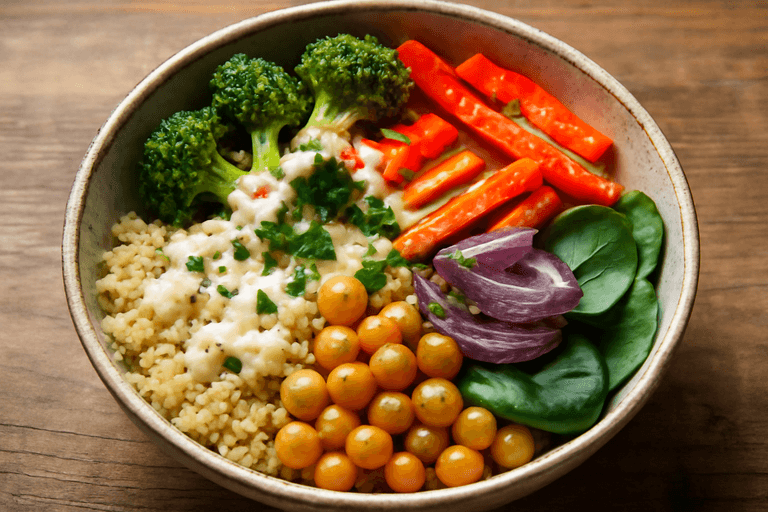 Bunte Quinoa-Bowl mit geröstetem Gemüse & Tahini-Dressing