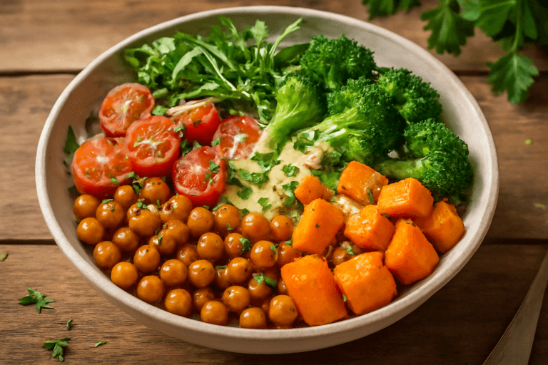 Knusprige Kichererbsen-Gemüse-Bowl mit Tahini-Dressing
