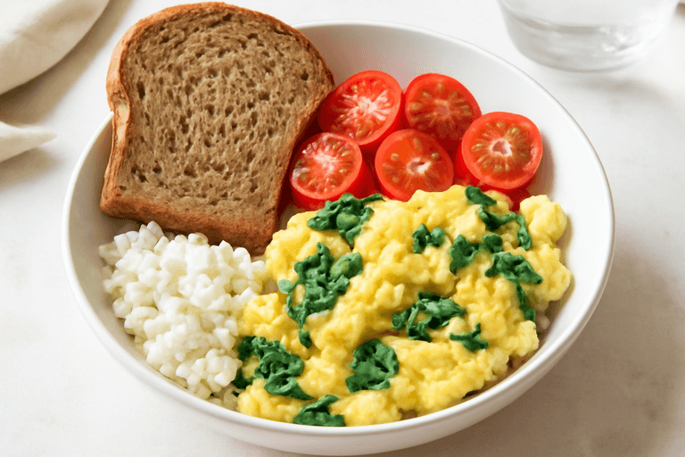 Bol petit-déjeuner classique aux œufs, épinards et tomates