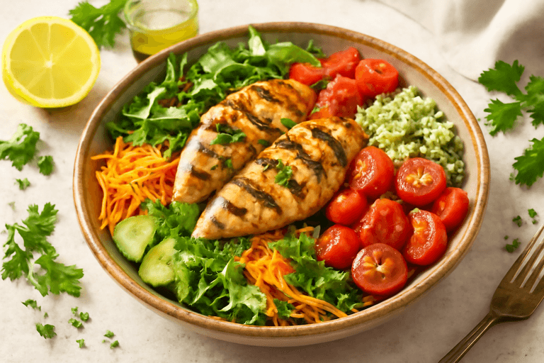 Salade de poulet grillé, quinoa et légumes croquants