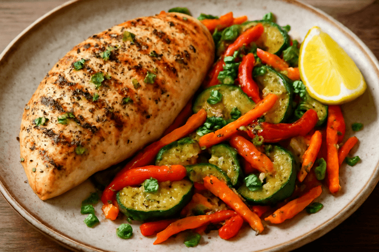 Piept de pui la grătar cu legume sote