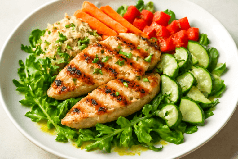 Salade de poulet grillé, quinoa et légumes croquants