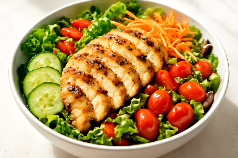 Salade de poulet grillé aux légumes croquants et vinaigrette légère