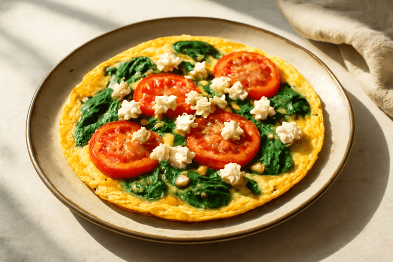 Omletă fresh cu spanac și roșii