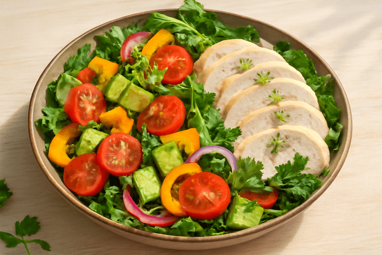 Легкий куриный салат с авокадо и овощами