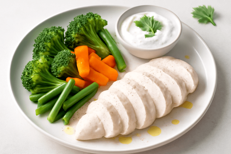 Куриное филе с овощами на пару и пикантным йогуртовым соусом