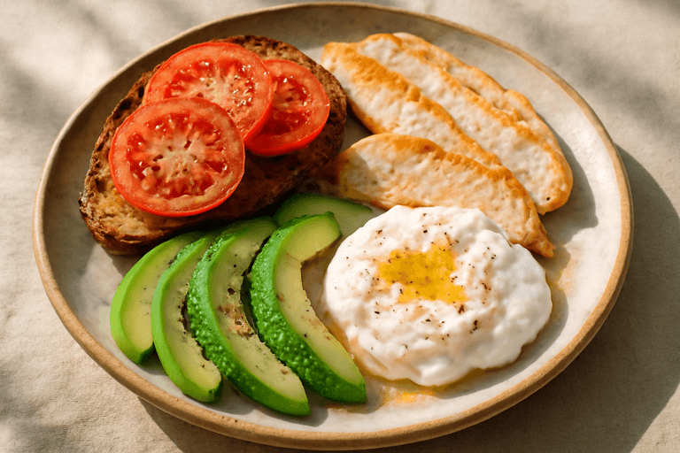 Tazón energético de desayuno clásico con huevos, aguacate y pan integral