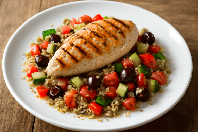 Леко пилешко филе на скара със салата от киноа и зеленчуци