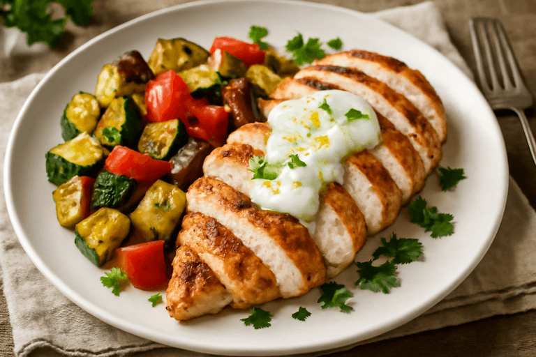 Piept de pui la grătar cu legume rumenite și iaurt grecesc