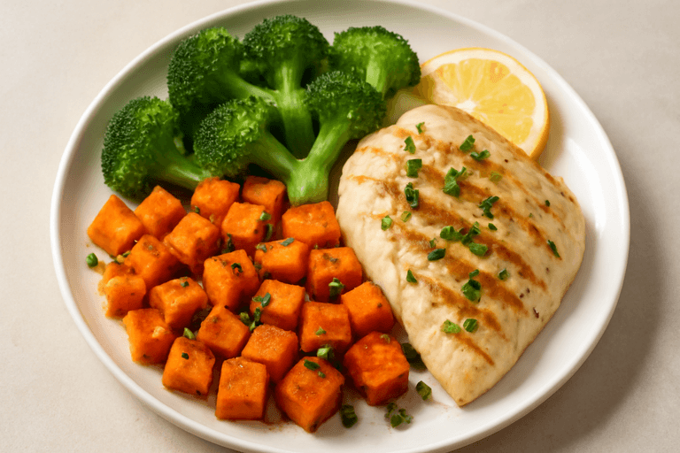 Pollo a la plancha con brócoli y batatas asadas