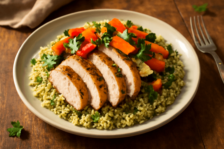 Poulet aux légumes rôtis et quinoa parfumé