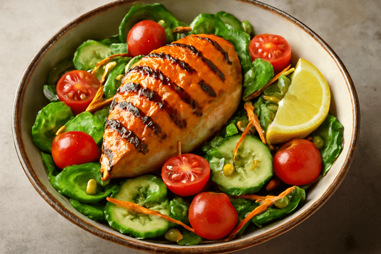 Salată caldă de pui și legume crocante