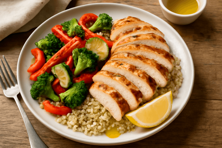 Piept de pui la grătar cu legume sotate și quinoa