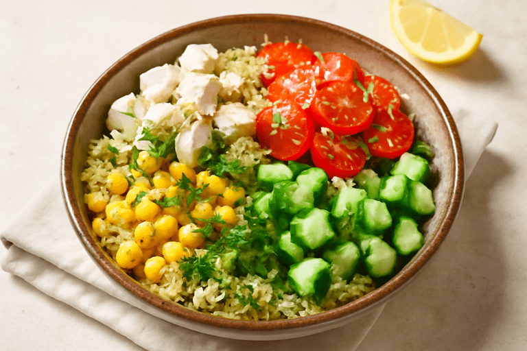 Лёгкий куриный салат с киноа и овощами
