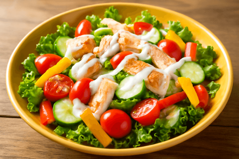 Легкий куриный салат с овощами и йогуртовой заправкой
