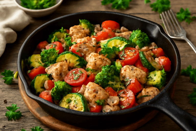Leichtes Hähnchen-Gemüsepfanne mit mediterranen Kräutern