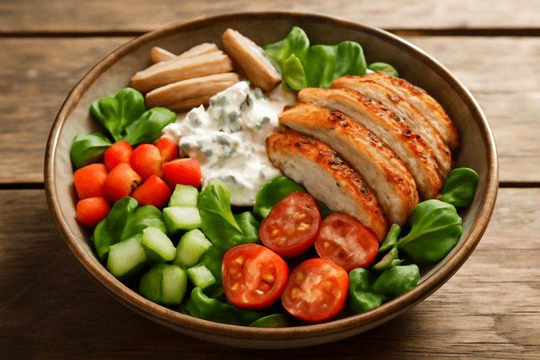 Kolorowa sałatka z grillowanym kurczakiem i pełnoziarnistym makaronem