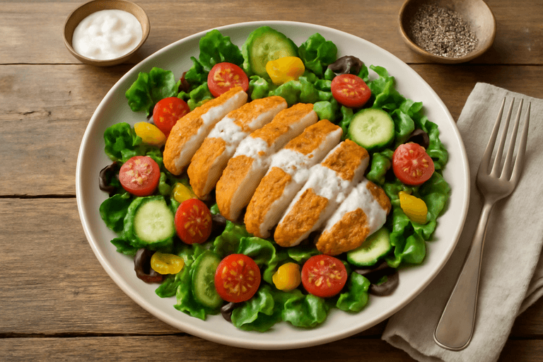 Piept de pui la grătar cu salată proaspătă și dressing de iaurt