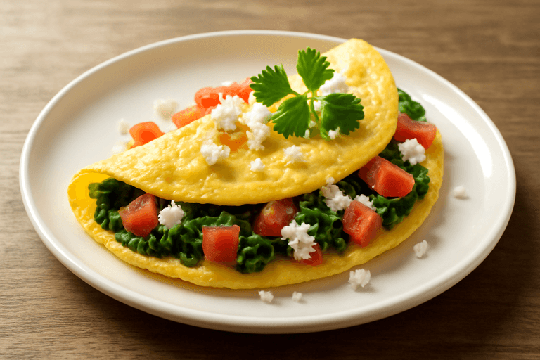 Desayuno energético de omelette clásico con espinaca y tomate