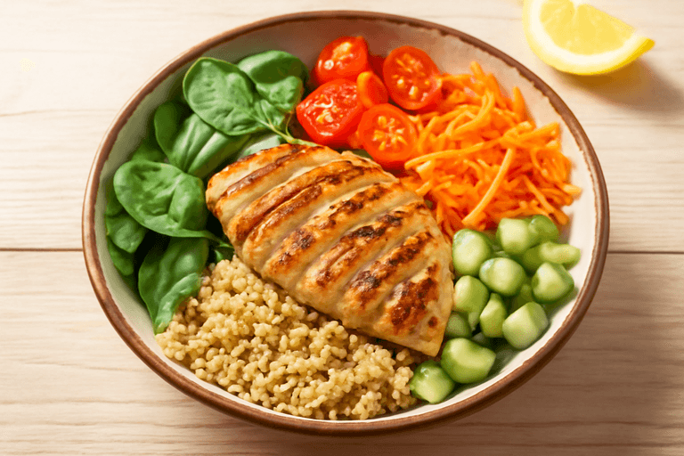 Grilled Chicken & Quinoa Bowl with Rainbow Veggies