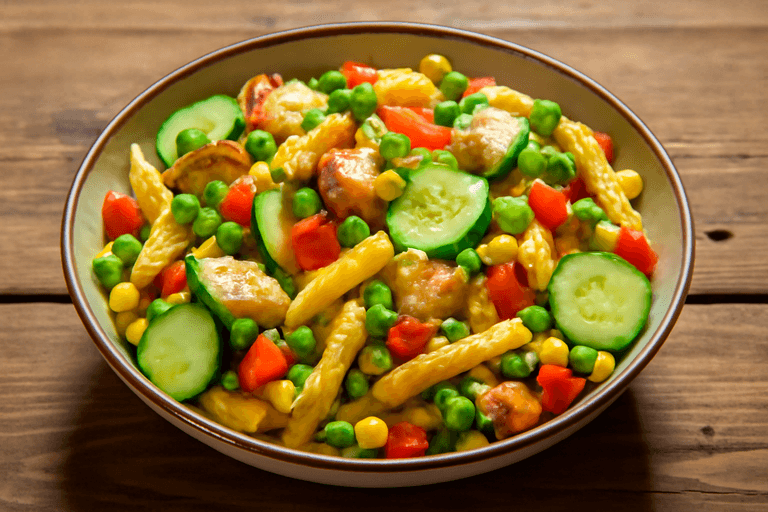Kolorowa Sałatka z Kurczakiem i Makaronem Penne